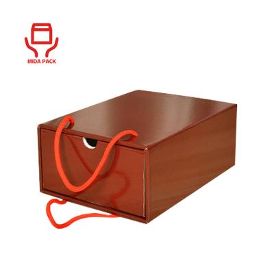 China Recycled Materials Folding Drawer Gift Custom Retail Rigid Women Shoes Package Shipping Paper Box With Rope Handle For High Heels Martin Boots Sneakers for sale