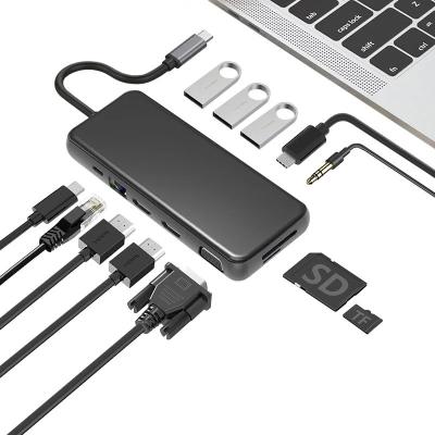 China Multimedia Triple Display 12 in 1 USB C Hub with 2 HD/MI+ PD3.0+Ethernet+SD TF Card Reader+3 USB-A+ USB-C Data Port+Mic/Audio for sale