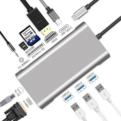 China Charging+Data Transfer+Video Output Durable Type-C Multifunctional HUB 10 in 1 Type-C HUB to AUX Adapter. HD VGA USB3.0 TF RJ45 PD Converter Extender for sale