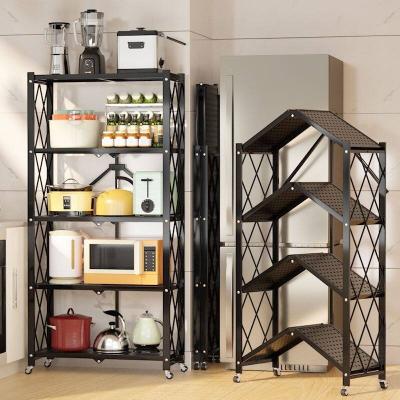 China Microwave 3/4/5 Tier Oven Rack Shelf Organizer Movable Kitchen Microwave Cart Stand Folding Mobile Foldable Storage Rack for sale