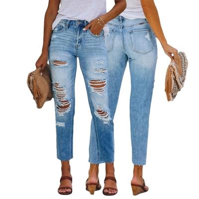 China 2022 MOTE-ZC605 Summer Pants Breathable Blue Female Jeans Ripped Straight Women Denim Panties Mid Waisted Washed Blue Ripped Denim Pants for sale