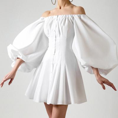 China MOTE-AC261 2022 Breathable Sleeves One-Shoulder Breathable Women's Dress French Design White Short Skirt For Women And Ladies for sale