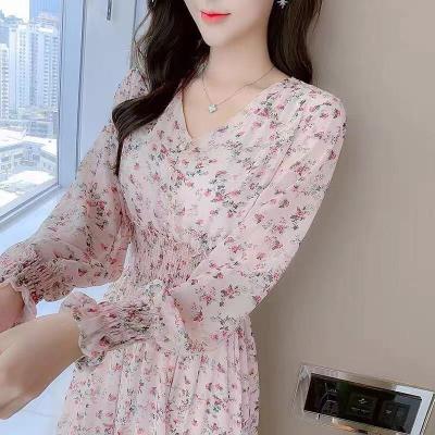 China Wholesale Breathable Korean Soft Skirt V-Neck Floral High Waist Long Sleeve Dress MOTE-AC208 Spring Chiffon Dress For Women And Girls for sale