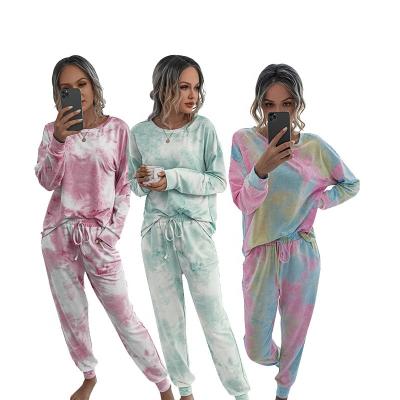 China MOTE-ZC525 Breathable 2022 Loose Plus Size Women Sleepwear Around Neck Ladies Pajamas Sets Tie Dye Panties Pocket Sleepwear Long Set For Women for sale