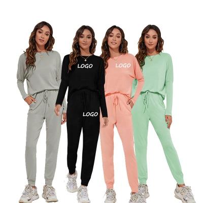 China Custom Logo Solid Color Sleepwear Set Lounge Wear Women Casual Breathable Wholesale Casual Long Sleeve Round Neck MOTE-ZC144 for sale