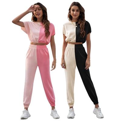 China MOTE-ZC145 Summer Breathable High Quality Color Block Cotton Two Piece Pants Set Crop Top Short Sleeve Women Jogger Set 2 Pieces for sale