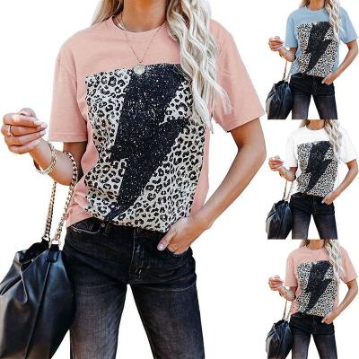 China Breathable MOTE-ZC184 2022 Wholesale Summer Leopard Print T-shirt Lightning Drop Shoulder T-shirts Short Sleeve Women's Round Neck Tees for sale