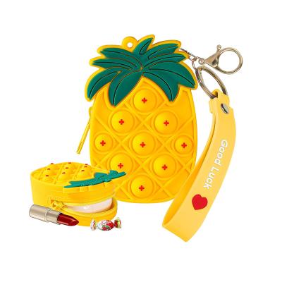 China Stress Reliever Silicone Push Up Noise Bubble Busy Person Toys Pineapple Strawberry Silicone Coin Wallet Bag Pouch Purse For Girls for sale