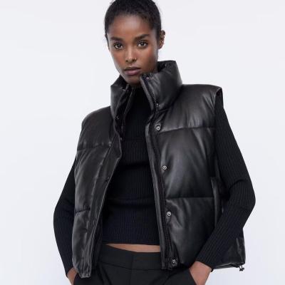 China BOXINYU waterproof 2023 winter simple fashion ladies PU bubble striper leather jacket coat women vests striper warm quilted vest for sale