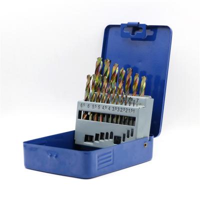 China 19PCS Metal Drilling DIN338 Metric Fully Ground Rainbow HSS Drill Bits Set In Metal Box for sale