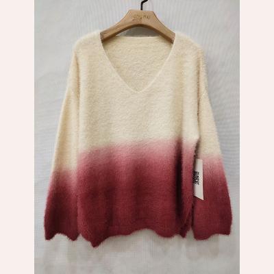 China Anti-wrinkle Design Gradient Color New 100% Cashmere Knitted V-Neckline Longsleeve Top Sweater For Women for sale