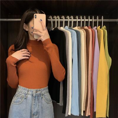 China 2021 Autumn Highneck Knitwear Anti-Wrinkle For Women Long Sleeve Slim Clothing Pullover Collar Solid Color Striped Knit Sweater for sale