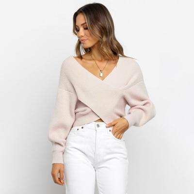 China Anti-wrinkle off the shoulder casual ladies cross sexy girls clothing long sleeve knitted pullover single top cropped women sweater for sale