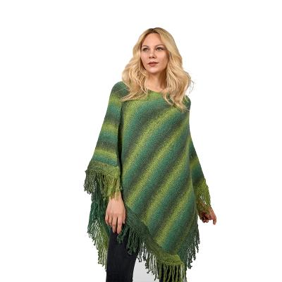 China 77%VISCOSE 23%ACRYLIC Manufacturer Quality Directly Supply Autumn Fashion Women Green Stripe Asymmetry Edge Crew Neck Shawl for sale