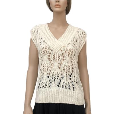 China Anti-wrinkle Western Style Autumn Stylish Women's Cotton Hollow Out Sweater V-Neck Elastic Breathable Knitted Vest for sale