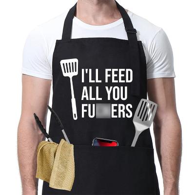 China Cleaning Funny Black Chef Apron I'LL FEED ALL YOU Adjustable BBQ Grill Kitchen Cooking Aprons with Pockets Grill Accessories for sale