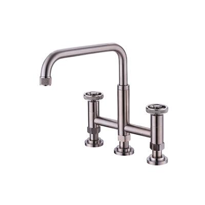 China Classic Aquacubic Cupc Certified Knurled Round Handle Kitchen Faucet Taps Waterway Lead Free Industrial Style Deck Mounted With 3 Holes for sale