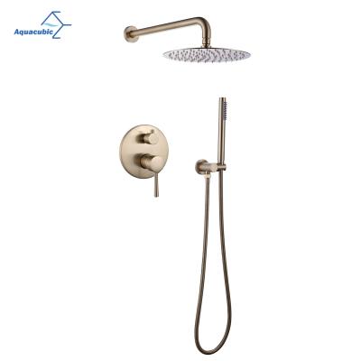 China With Slide Bar Aquacubic Brushed Gold Shower Faucet Set, Round Wall Mount Gold Rain Shower System Mixer Set for sale