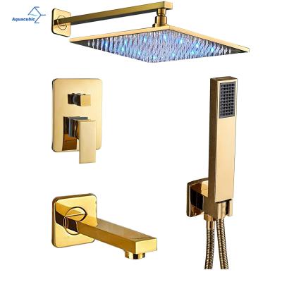 China Wall Mounted Sliding Bar Bathroom Rain Shower System With 12 Inch Shower Head And Hand Held Brushed Gold Shower Set for sale