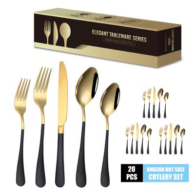 China Dropshipping Viable Stock Amazon Shopify Lazada Flatware, Stainless Steel Black and Gold 20pcs Cutlery Set for 4 for sale