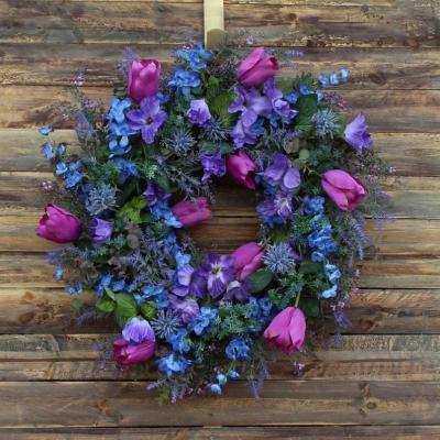 China Blue Tulip Purple Wreath Purple Lavender Larch Spring Wreath Door Hanging Home Wholesale Decoration Family Decoration for sale