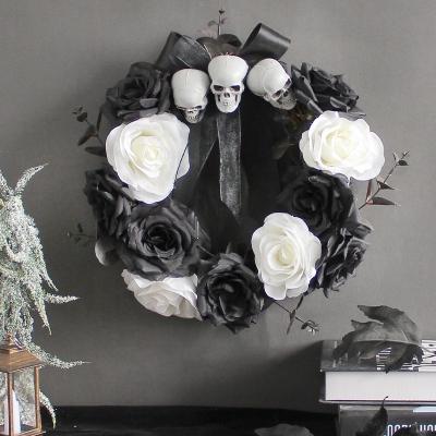 China Props Halloween Props Ghost Garland Scary Skull Wreath With Rose Terrible Party Door Hanging Family Decoration Terror for sale