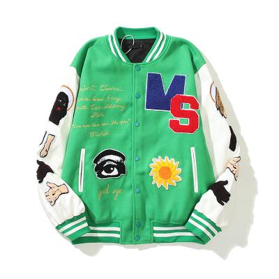 China 2021 QUICK DRY Unisex Embroidery Bomber Baseball College Woolen Jackets Green for sale