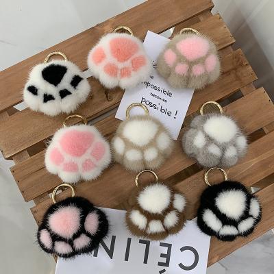 China Key Chain Lucky Pendant Key Chain Accessories New Modern Cute Female Custom Car Key Chain Cat Claw Mink Fur Plush Security Bag for sale