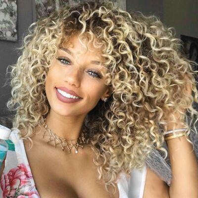 China All Skin All Skin New Arrival Gradient Color Short Fluffy Thick Blonde Curly Hair Wig For Black Women for sale