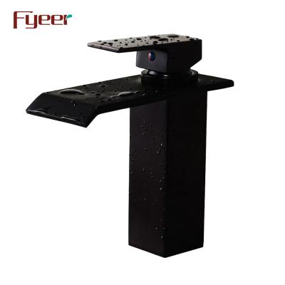 China Hot Sale Fyeer Faucets Black Water Faucet Metered Waterfall Deck Mounted Brass Basin Faucet for sale