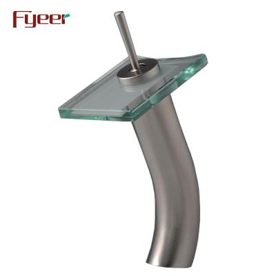 China Fyeer Faucets High Body Waterfall Basin Faucet Mixer Brush Nickel Metered Glass Faucet for sale