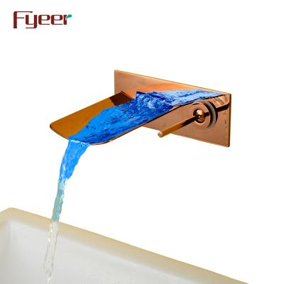 China Faucets Fyeer Rose Gold Wall Mounted LED Metered Waterfall Basin Faucet for sale