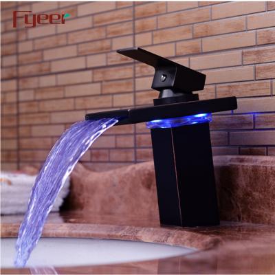 China Fyeer Faucets Black Body Brass Waterfall Power LED Metered Hydraulic Basin Faucet for sale