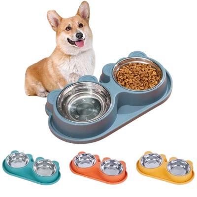 China Non-automatic ONE PET Factory Price Wholesales Custom Cute Pet Cat and Dog Drinking and Feeding Anti Spill Stainless Steel Double Bowl for sale