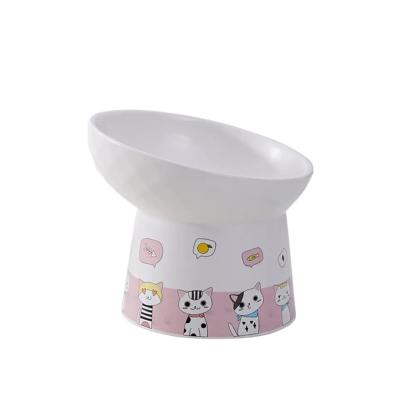 China Non-automatic ONE PET Cute cartoon kitten pattern pet dog cat feeding ceramic bowl high feet cervical spine protection cat feeder ceramic bowl for sale