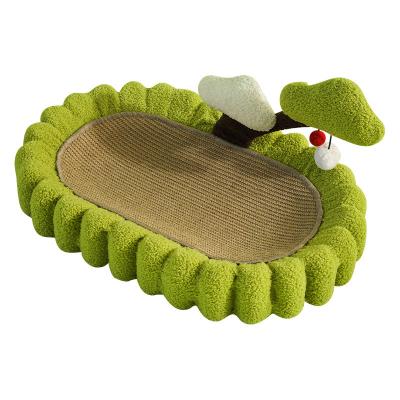 China Sustainable Cat scratch board, sisal cat bed, green oval cat pad, multifunctional cat scratch bed with teaser toy for sale