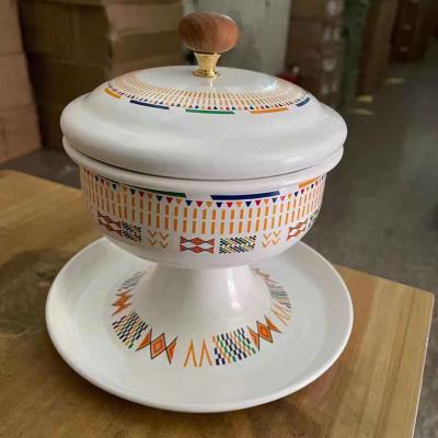 China High Quality Customized Viable Vintage Print Enamel Bowl Double Layer Cast Iron Kitchen Enamel Bowl With Cover for sale