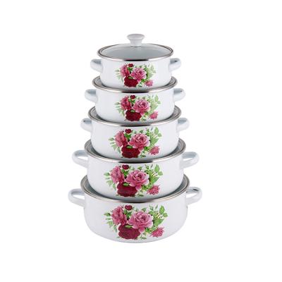 China Sustainable Hot Sale 5 Pcs Lid Flower Pattern Glass Enamel Casserole Hot Pot Cookware Set for sale