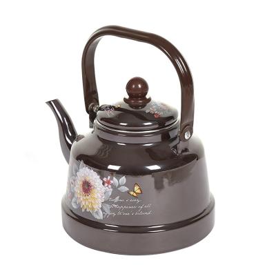 China Lovely Design 1.1L Cast Iron Brown Sustainable Water Kettle Bell Shaped Enamel Water Kettle for sale