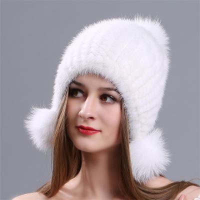 China COMMON warm mane L leather ladies L Great Wall water knitting hat Mink Fur Grass Hat Winter new double ball Christmas fur hat for sale