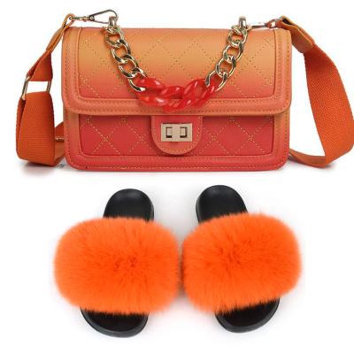 China CUSHIONING fur slides set 2021 fashion selling purse and shoe matching sets shoes and bags match women set /handbags for women for sale