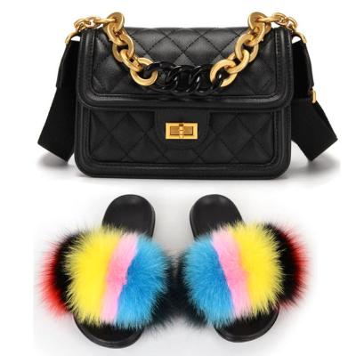 China CUSHIONING Logo Leather Fur Slippers With Jelly Bag Fluffy Fur Slippers Factory Slippers Fast Shipping Custom Set for sale