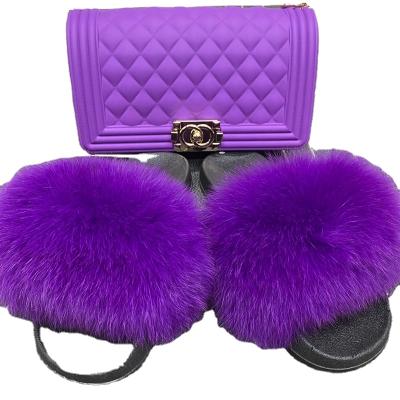 China CUSHIONING Factory Direct Wholesale Purple Fur Slides Colorful Fur Flip Flops Slippers Sets Real Fur Slippers And Purses for sale