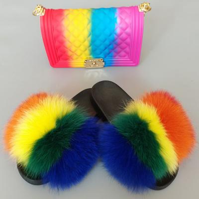 China CUSHIONING 2022 Spring Summer Fur Slides With Pures Set Fur Slipper With Purse Matching Fur Slippers Sets for sale