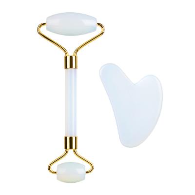 China 100% natural face logo stone real bulk custom package cosmetics set massage facial quartz white jade roller and gua sha set with box for sale