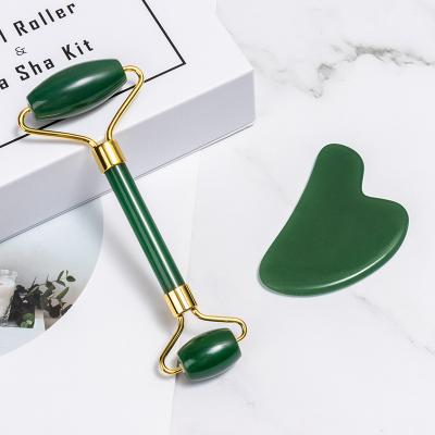 China Original 100% Natural Real Crystal Stone Face Manufacturer Good Quality Green Jade Roller Gua Sha Set Facial Massager For Face for sale