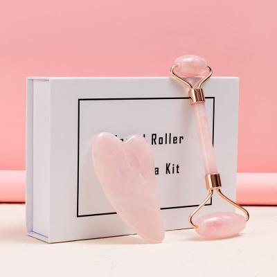 China 2021 New Private Label Face Box Packing True Rose Quartz Metal Handle Vibration Jade Roller Massage Gua Sha Sha Set For Face for sale