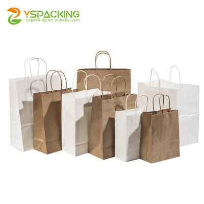 China Recyclable Luxury Catering Food Packaging Carrier Bags Kraft Paper White Brown Shopping Bag With Handle for sale