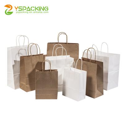 China Recyclable Cheap Recycled Custom Logo Printed Food Take Out Packaging Kraft Paper White Brown Bag With Handle for sale