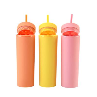 China Amazon Sustainable Lean Wall Double Plastic Tumblers Frosted Sports 16oz Water Cup Tumbler With Straw for sale